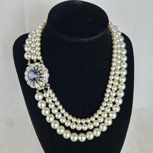 Vintage 3 Stands Real Pearl Necklace Choker Blue Rhinestone Made In West Germany